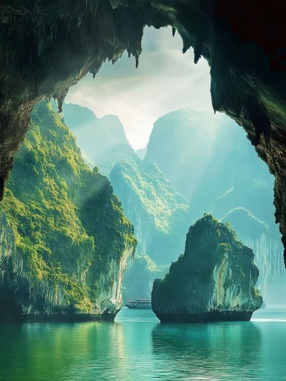 Vue magnifique depuis l'intérieur d'une grotte sur les pics rocheux de la baie