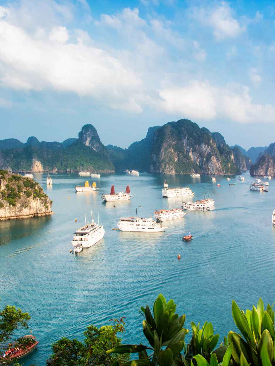 De nombreux bateaux de croisière naviguant entre les îlots calcaires de la baie d'Ha Long